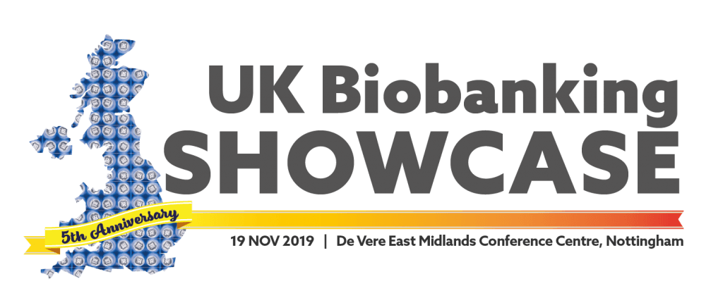 Logo for 2019 UK Biobanking Showcase with 5th anniversary banner