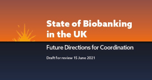 Image of the front cover of 'State of Biobanking in the UK: Future Directions for Coordination', with the document title on a background showing a sunrise