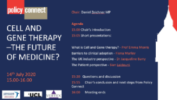Opening PowerPoint slide from the Policy Connect cell and gene therapy roundtable event, entitled 'Cell and Gene Therapy - The Future of Medicine?'