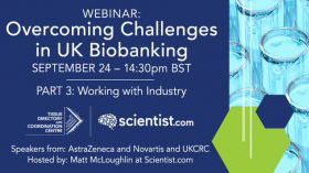 leaflet announcing the topic and details of the Scientist.com and TDCC webinar. On the right side of the image there is a closeup of glass vials arranged in rows
