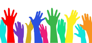 A cartoon of many brightly coloured hands reaching into the air.